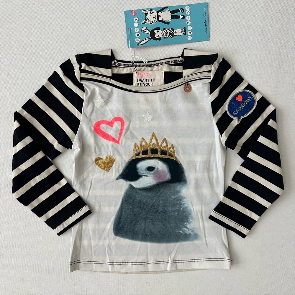 Mim-pi Girls Black and White Striped Penguin Tee Size 4 years (104)